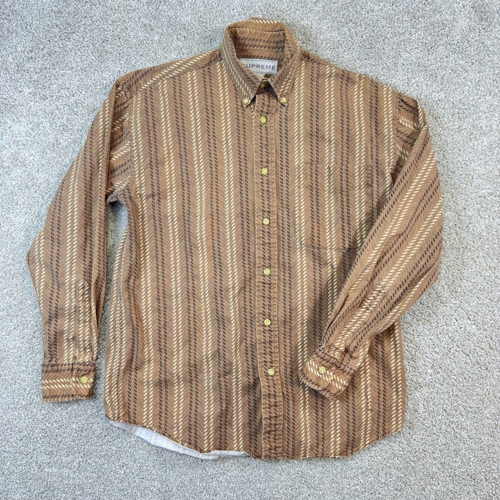 Supreme Mens Small Brown Vertical Rope Stripe Button Down Shirt Long Sleeve